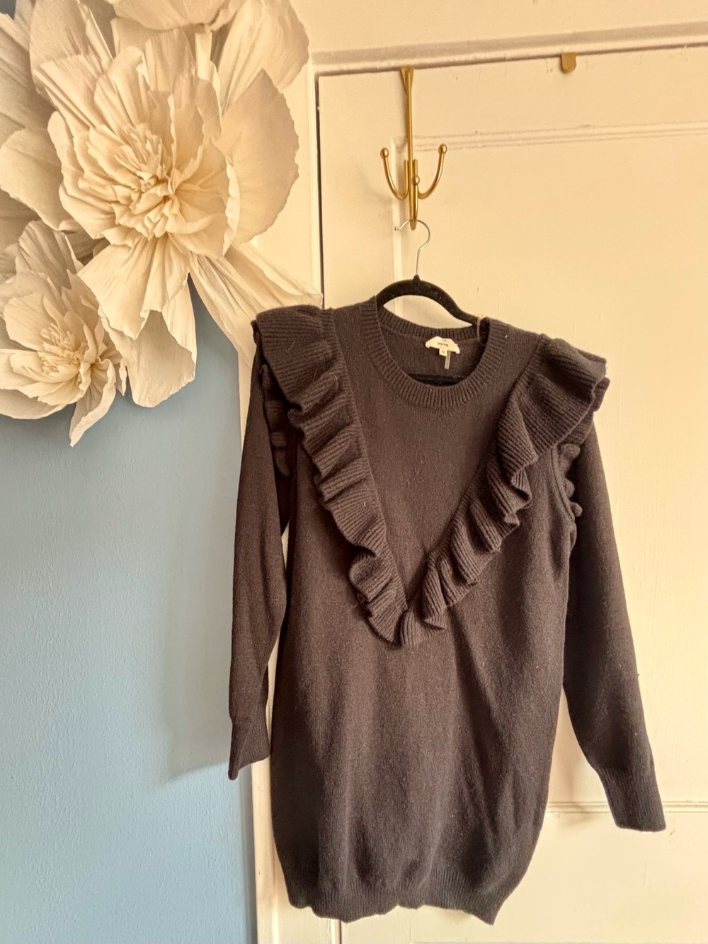 Black Ruffle-Front Crewneck Sweater Dress